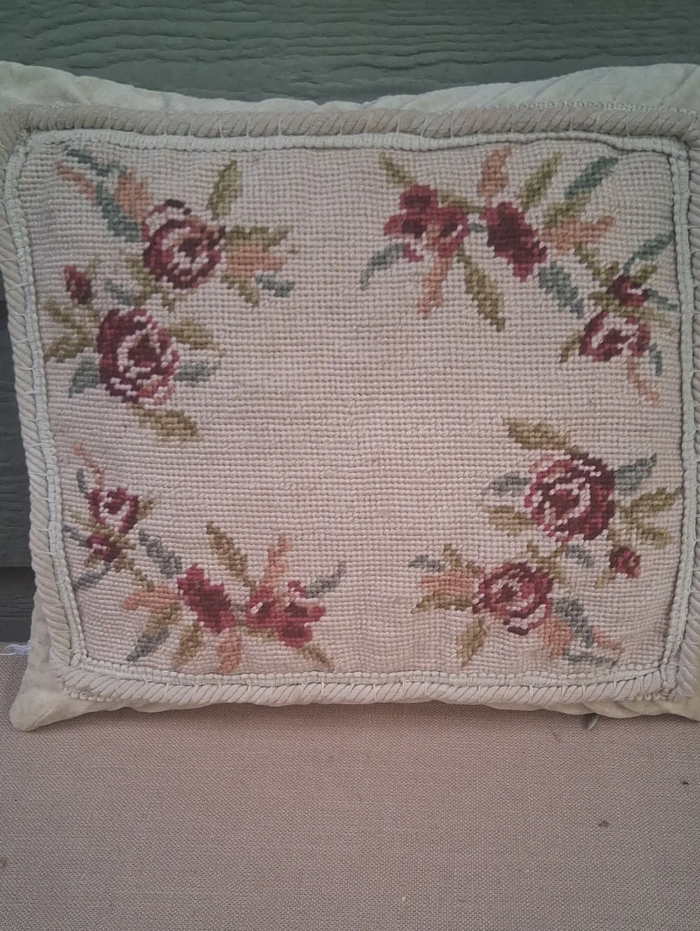Vintage Petit Point Needlepoint Accent Pillow Shabby Chic Cottage Floral Roses